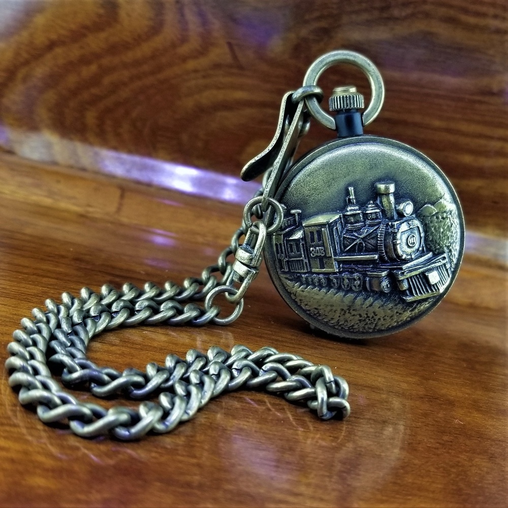 Vintage BENRUS 3D Railroad Pocket Watch with Date